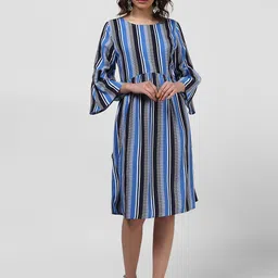 Harpa Women Blue Striped Fit and Flare Dress-image-36