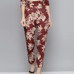 SASSAFRAS Women Maroon Floral Printed Front Button High-Rise Trousers-picture-25