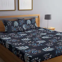Klotthe Black Cotton Blend 300 TC Elastic Bed Sheet With 2 Pillow Covers-picture-31