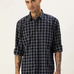 Burnt Umber Navy Regular Fit Check Shirt-image-64