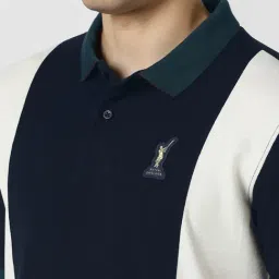 Peter England Navy Cotton Regular Fit Striped Polo T-Shirt image 4