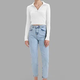 Maheshvi Women Ribbed Shirt Collar Long Sleeves Fashion Crop Regular Top image 3