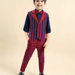 Babyhug Woven Full Sleeves Striped 3 Piece Party Suit With Bow - Red & Navy Blue-picture-25