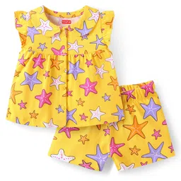 Babyhug Cotton Knit Frill Sleeves Shorts Night Suit with Starfish Print - Yellow-picture-20