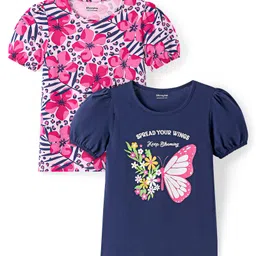 Honeyhap Premium Cotton Knit Half Sleeves Tops With Butterfly & Floral Print Pack of 2 - Mint & Fandango Pink-image-71