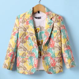 Dapper Dudes Full Sleeves Leaves Printed Blazer With Tee - Yellow-picture-0