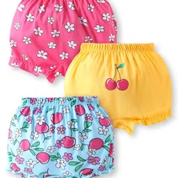 Babyhug 100% Cotton Knit Bloomers with Floral Print Pack of 3 - Blue Yellow & Pink-image-58