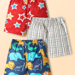Babyhug Cotton Woven Above Knee Length Boxers with Star Checks & Animal Print Pack of 3 - Red Navy Blue & Off White-image-54