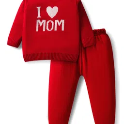Doodle Poodle Knit Full Sleeves Pullover Sweater Set with I Love Mom Design - Red-picture-10