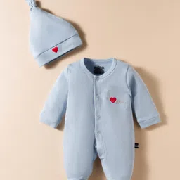 Mini Taurus Interlock Knit Full Sleeves Footed Sleep Suit With Cap and Heart Embroidery - Light Blue-picture-26