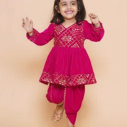 Titrit Velvet Woven Full Sleeves Mirror Work & Sequin Embellished Kurti Dhoti Set - Pink-picture-35