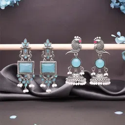 DIVASTRI Set Of 2 Silver-Plated Artificial Stones Studded Oxidised Dome Shaped Jhumkas-picture-33