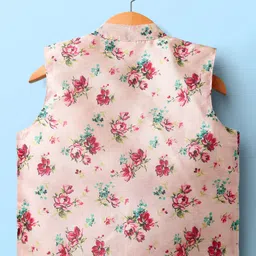 Saka Designs Cotton Woven Full Sleeves Kurta Pyjama Set with Floral Print Nehru Jacket - Pink & White image 5