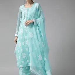 ADA Blue & White Embroidered Handloom Unstitched Dress Material-picture-10