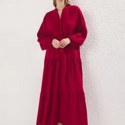 Trendyol Mandarin Collar Bishop Sleeve Tiered Shirt Maxi Dress-picture-19
