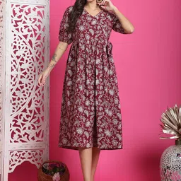Merira Women Floral Printed Cotton Fit and Flare Dress-image-64