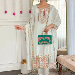 LIVIX Women Ethnic Motifs Embroidered Regular Thread Work Chanderi Cotton Kurta with Trousers & With Dupatta-picture-32