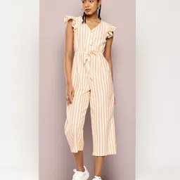 DILLINGER Striped Flutter Sleeve Pure Cotton Capri Jumpsuit-image-20
