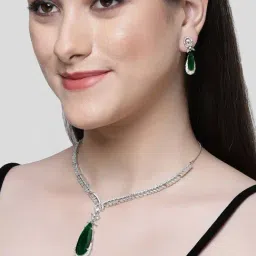 Karatcart Silver Tone Green Drop Shape Cubic Zirconia Studded Jewellery Set for Women-image-46