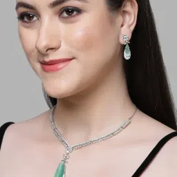 Karatcart Silver Tone Light Green Drop Shape Cubic Zirconia Studded Jewellery Set for Women-image-93