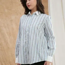 Globus Women Blue Striped Spread Collar Cuffed Sleeve Formal Shirt-picture-20