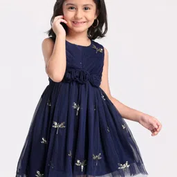 Babyhug Sleeveless Party Wear Frock Sequinned Dragonfly Embroidery - Navy Blue-picture-18