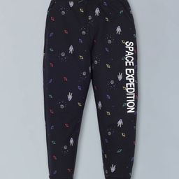 Plum Tree All Over Planet & Astronaut With Space Expedition Text Placement Printed Track Pant - Black-picture-34