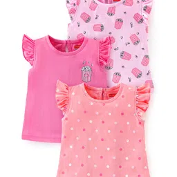 Babyhug 100% Cotton Frill Sleeves Tee With Popcorn & Dot Graphics Pack Of 3- Pink & Peach-image-32
