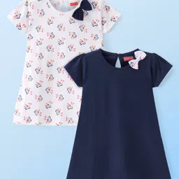 Babyhug Single Jersey Half Sleeves Frock with Unicorn Print & Bow Applique Pack of 2 - White & Blue-picture-12