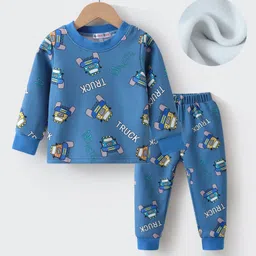 Kookie Kids Full Sleeves Winter Wear Night Suit With Monster Trucks Print - Blue-picture-39