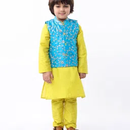 Babyhug Woven Full Sleeves Solid Colour Kurta Pyjama Set with Floral Embroidered Nehru Jacket - Lemon Yellow & Blue-image-35