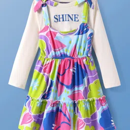 Pine Kids Cotton Knit Floral Printed Frock With Full Sleeves Inner Tee - White-picture-27