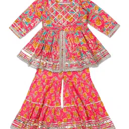 aatya kiids AATYA by Shruti Agarwal Cotton Three Fourth Sleeves Floral Printed & Gotta Lace Embellished Kurta With Sharara - Pink-picture-19