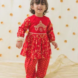 Tiber Taber Cotton Full Sleeves Devi Embroidered & Floral Foil Printed Kurta With Salwar Set - Red-picture-22