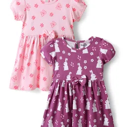 Doodle Poodle Single Jersey Knit Half Sleeves Frocks With Bunny & Butterfly Print With Bow Applique Pack of 2 - Fuchsia & Pink-picture-30
