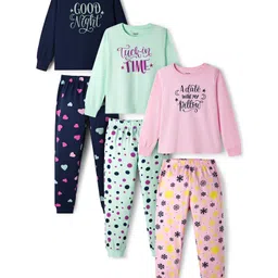 Primo Gino 100% Cotton Full Sleeves Night Suit With Text Print Pack Of 3 - Pink Sea Green & Navy Blue-picture-19