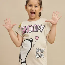 Kidsville Cotton Knit Peanuts Featuring Half Sleeves Snoopy Printed Tee - Beige-image-25