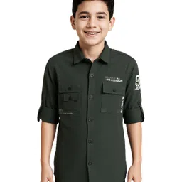 CAVIO Cotton Woven Full Sleeves Stay Focus Back Text Printed Shirt - Dark Green-image-21