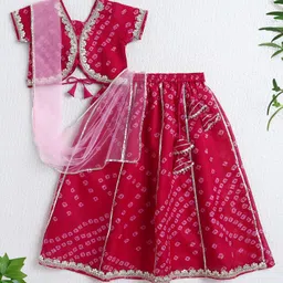 The Magic Wand Cotton Woven Half Sleeves Bandhani Printed & Gota Lace Embellished Lehenga Choli With Dupatta Set - Fuchsia-image-66