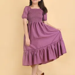 STARWORD Girls Print Smocked Square Neck Puff Sleeve Fit & Flare Cotton Midi Dress-image-68