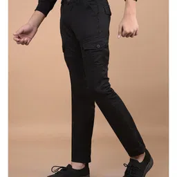 CRIMSOUNE CLUB Cotton Solid Cargo Trousers - Black image 4