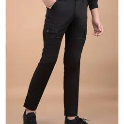 CRIMSOUNE CLUB Cotton Solid Cargo Trousers - Black image 5