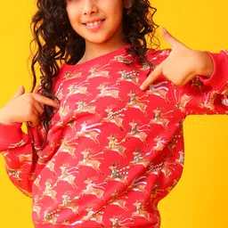 Anthrilo Christmas Theme Fleece Knit Full Sleeves Reindeer Printed Light Winter Sweatshirt - Red image 5