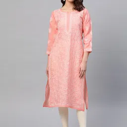 ADA Women Peach-Coloured & White Chikankari Embroidered StraightHandloom Kurta-picture-49