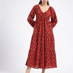 fusion by glitchez Floral Printed V-Neck Puff Sleeve Tiered A-Line Midi Dress-picture-25