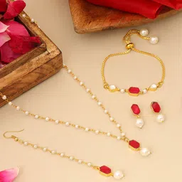 Ruby Raang Girls Gold-Plated Kundan-Studded & Pearls Beaded Jewellery Set-picture-48