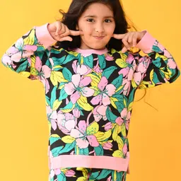Anthrilo Full Sleeves Seamless Tropical Flowers & Leaves Printed Fleece Sweatshirt - Black-image-91