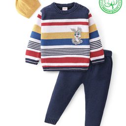 Babyhug Knitted Full Sleeves Striped & Bunny Patch Sweater Set with Cap - Multicolour-image-42