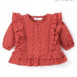 Babyoye Cotton Woven Half Sleeves Top with Frill Detailing & Schiffli Design - Red image 1