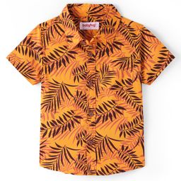 Babyhug Cotton Knit Half Sleeves Regular Collar Shirt Leaves Print- Yellow-picture-7